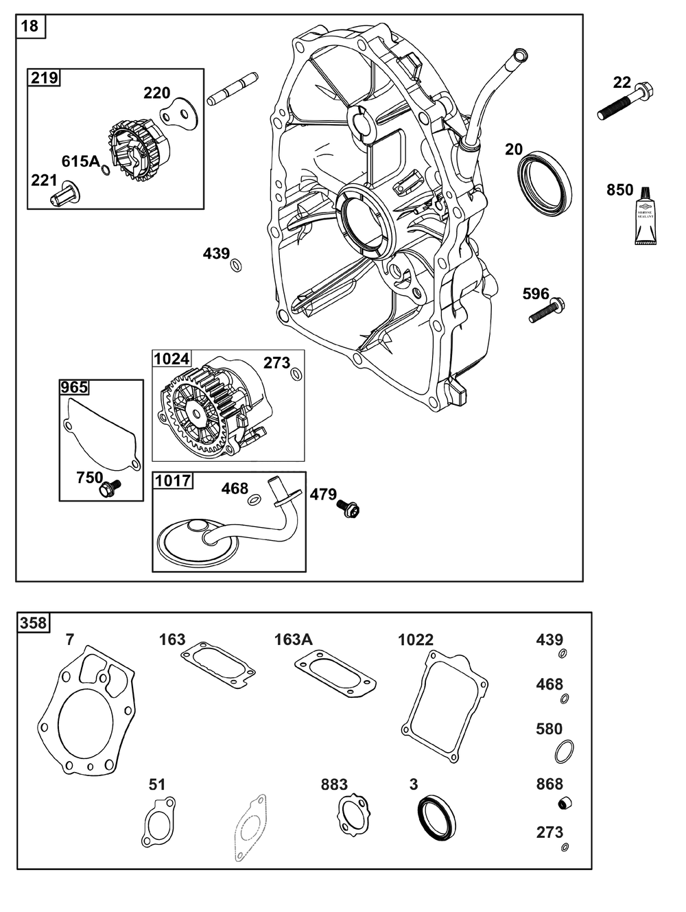 Crankcase Cover/Sump Group Diagram and Parts List for 613277-0120-E1 400000 - 699999 Briggs and Stratton Engine